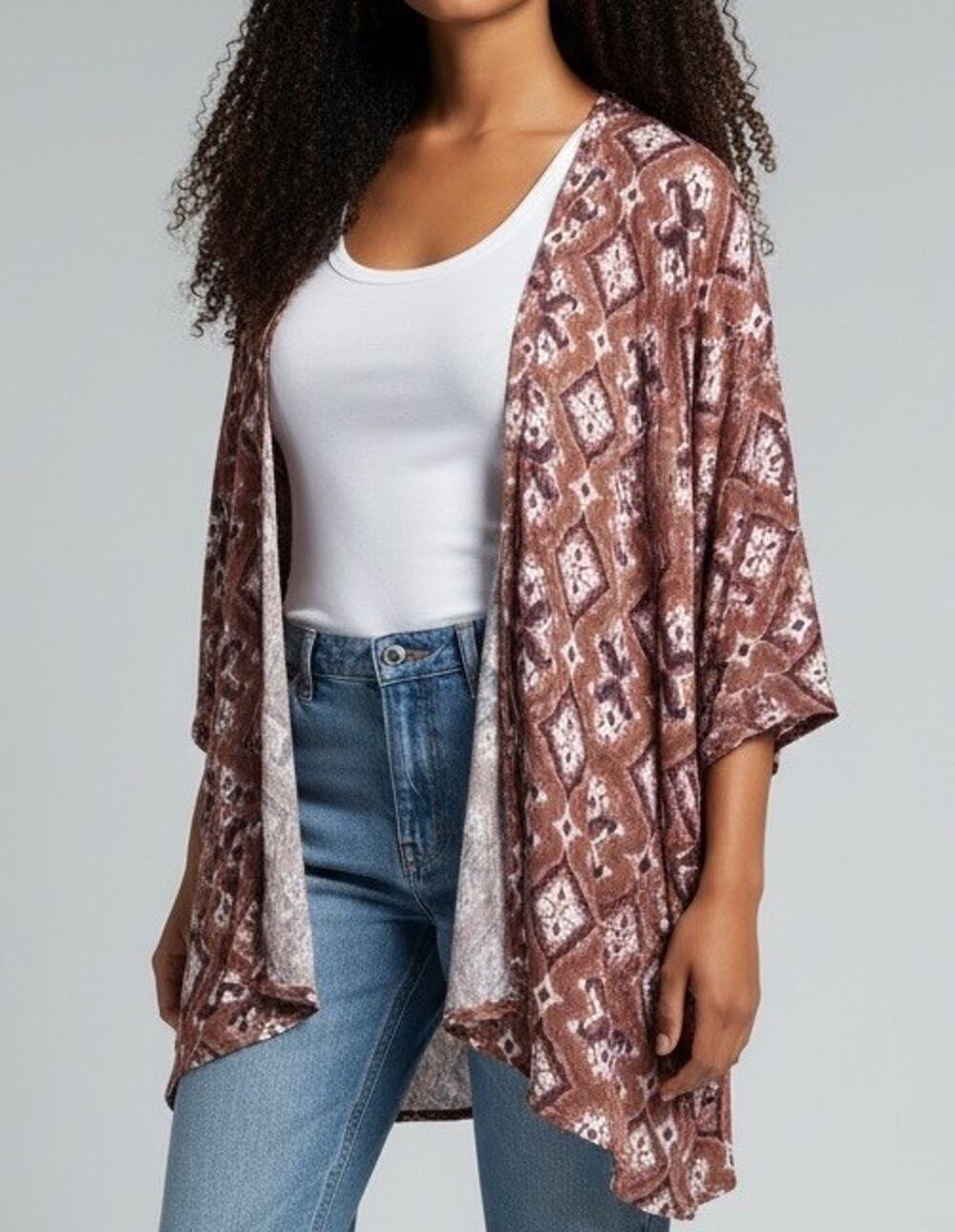 Knox Rose Kimono Open Cardigan Size M/L Aztec Print 3/4 Sleeve Boho